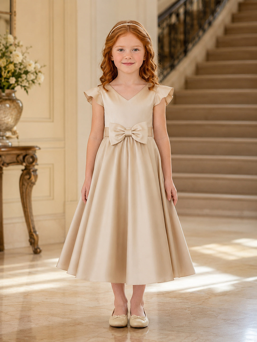 Flower Girl Dress Champagne Satin A-Line Flutter Sleeve Jewel Neck Tea Length Bow Detail front view