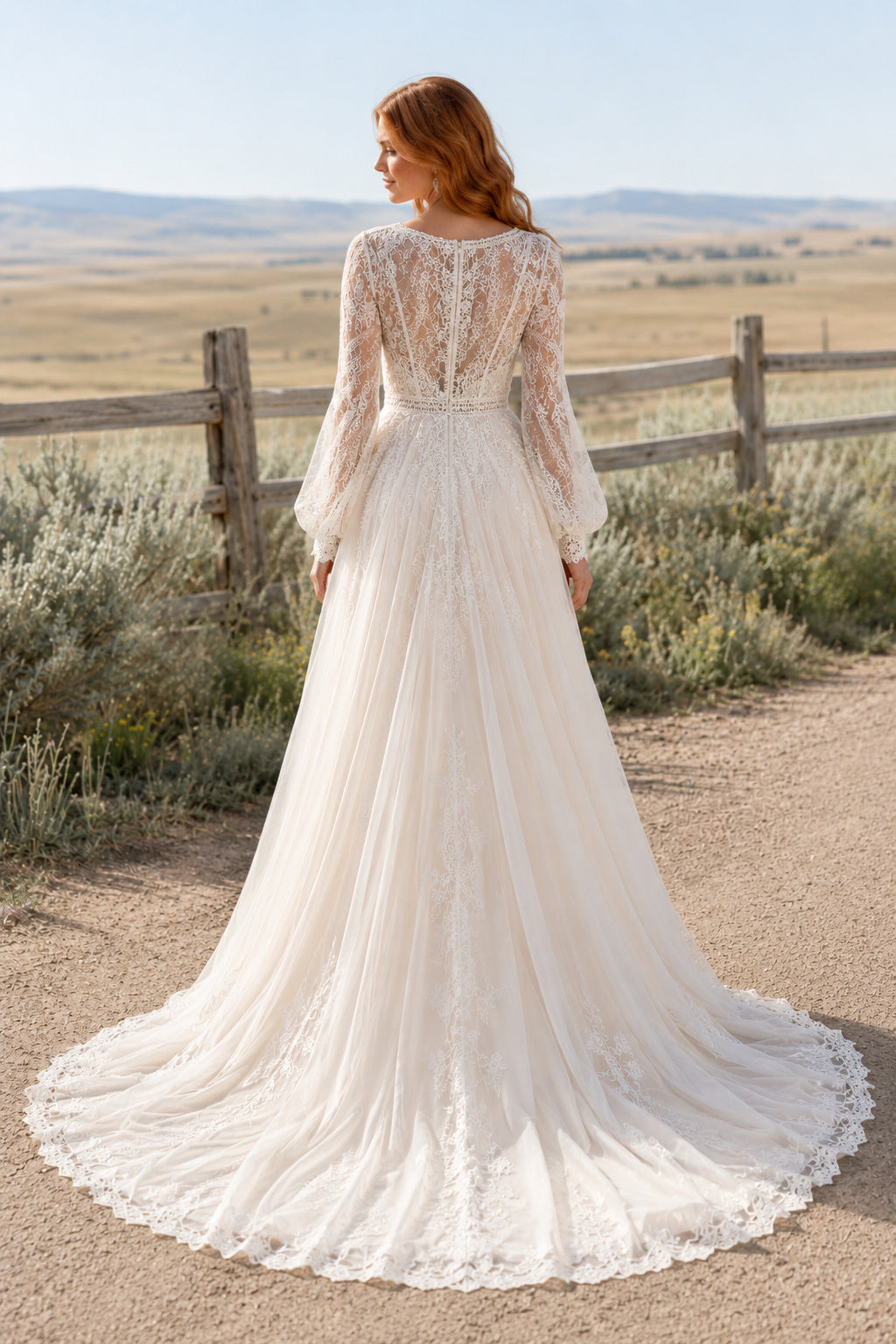 Ivory V-Neck Long Sleeve Lace A-Line Wedding Dress with Soft Tulle Skirt and Train back view
