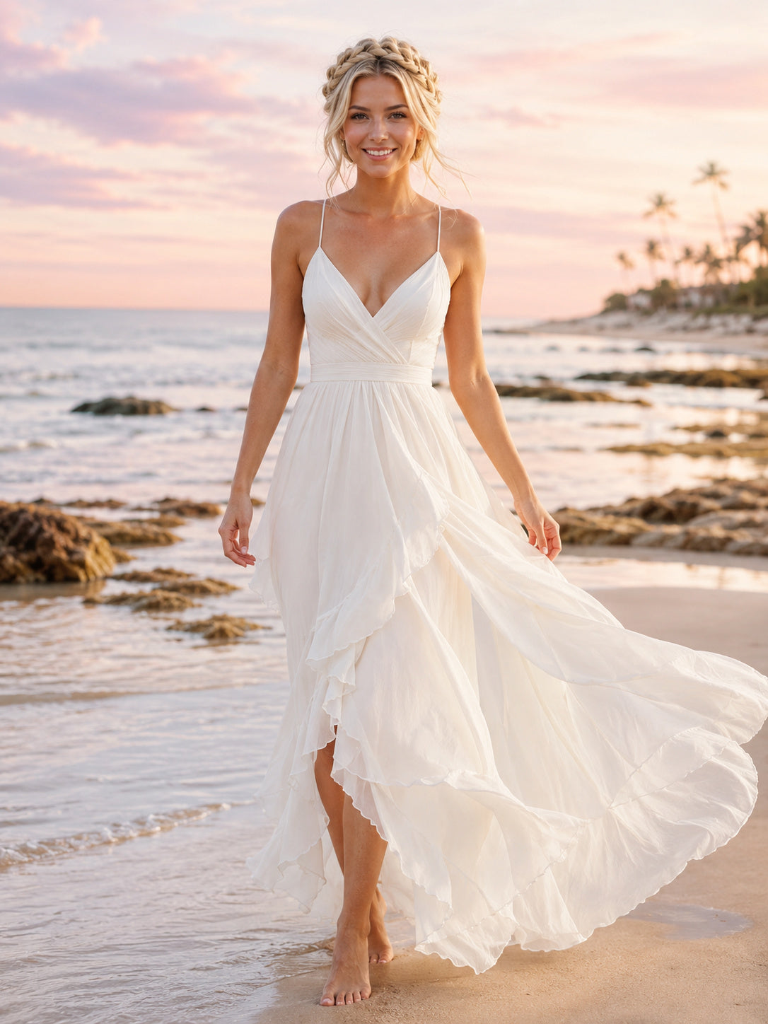 Cross Strap Chiffon Beach Bridal High Slit Gown front view