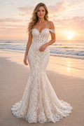 Ivory Off Shoulder Lace Mermaid Wedding Dress Chapel Train for Bridal Ceremony and Reception Style MG_700808 front view