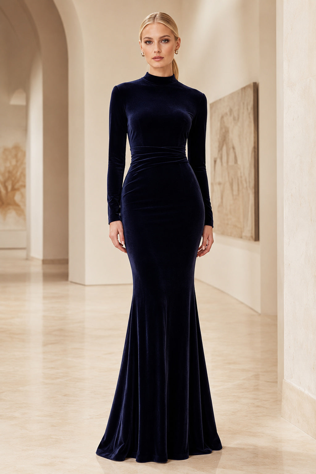 Dark Navy Velvet High Neck Long Sleeve Mermaid Evening Gown With Sweep Train Evening Dress front view
