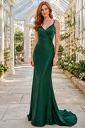 Dark Green V neck stretch satin mermaid gown with low V back and sweep train Floor-length And Sweep/Brush Train Mermaid Trump