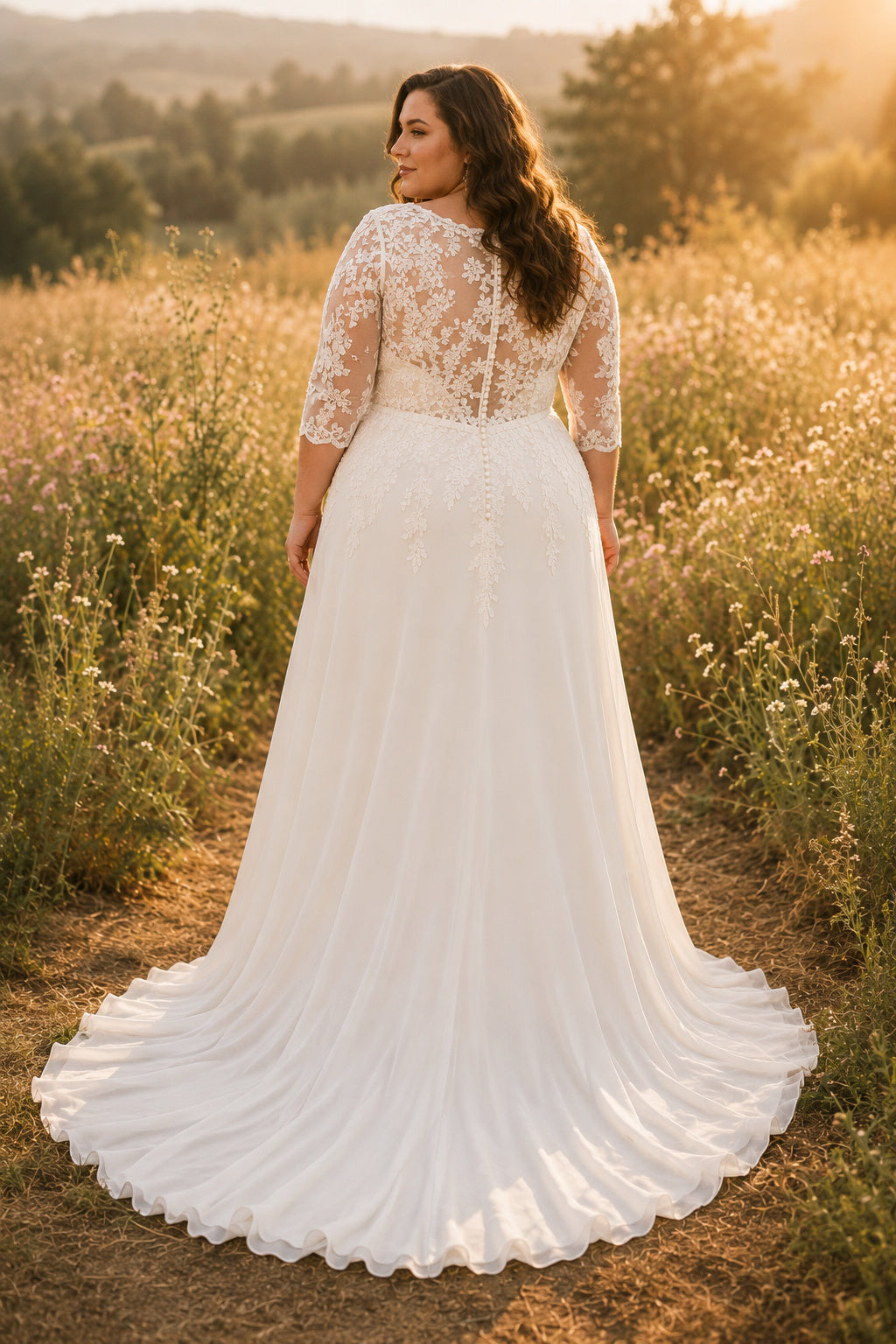 Plus Size Ivory V-Neck Three-Quarter Sleeve Lace Tulle A-Line Wedding Dress with Three-Quarter Lace Sleeves and Sweep Train b