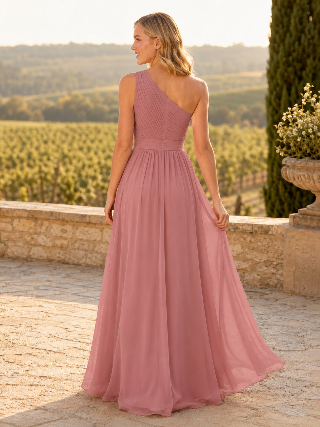 Dusty Rose One Shoulder Junior Bridesmaid Chiffon Gown back view