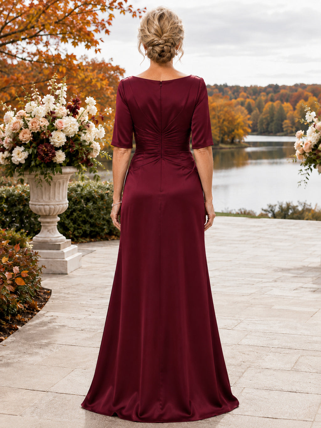 Burgundy Mature Cowl-Neck Half-Sleeve Ruched Satin Sheath Floor-Length Fall Lakeside Mother of the Bride Gown back view