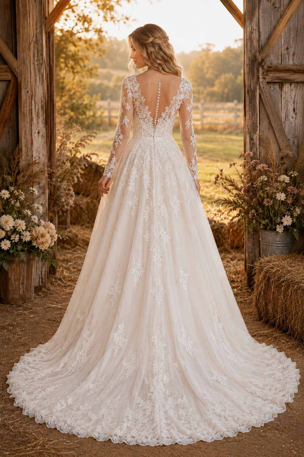 Ivory V-Neck Long Sleeve Lace A-Line Wedding Dress with Applique Skirt and Chapel Train back view
