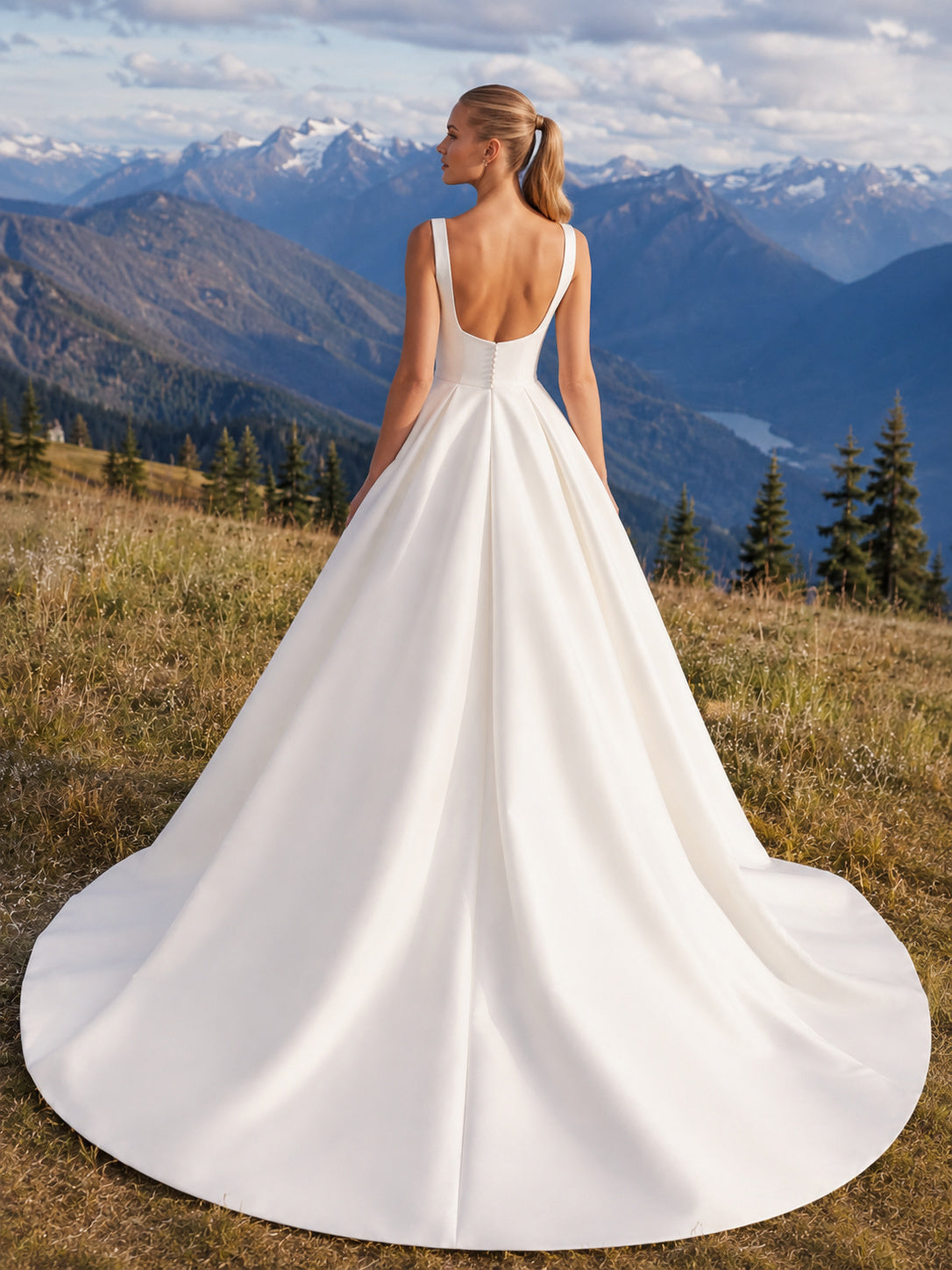 Square Neck Wide Strap Satin Ball Gown Chapel Train Mountain Wedding Dress back view