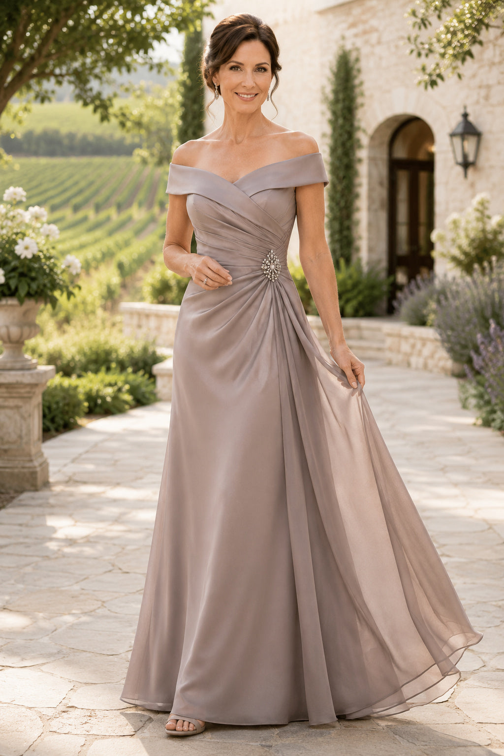 Taupe Off the Shoulder A-Line Mother Dress with Side Draping and Chiffon Skirt for Evening Reception front view