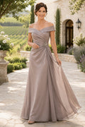 Taupe Off the Shoulder A-Line Mother Dress with Side Draping and Chiffon Skirt for Evening Reception front view