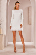Long Sleeve Feather Hem Mini Cocktail Dress for Homecoming, Cocktail Party, and Wedding Guest Events front view