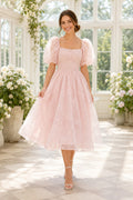 Pearl Pink Square Neck Puff Sleeve Simple Tulle Skirt Tea Length A-Line Homecoming Dress front view