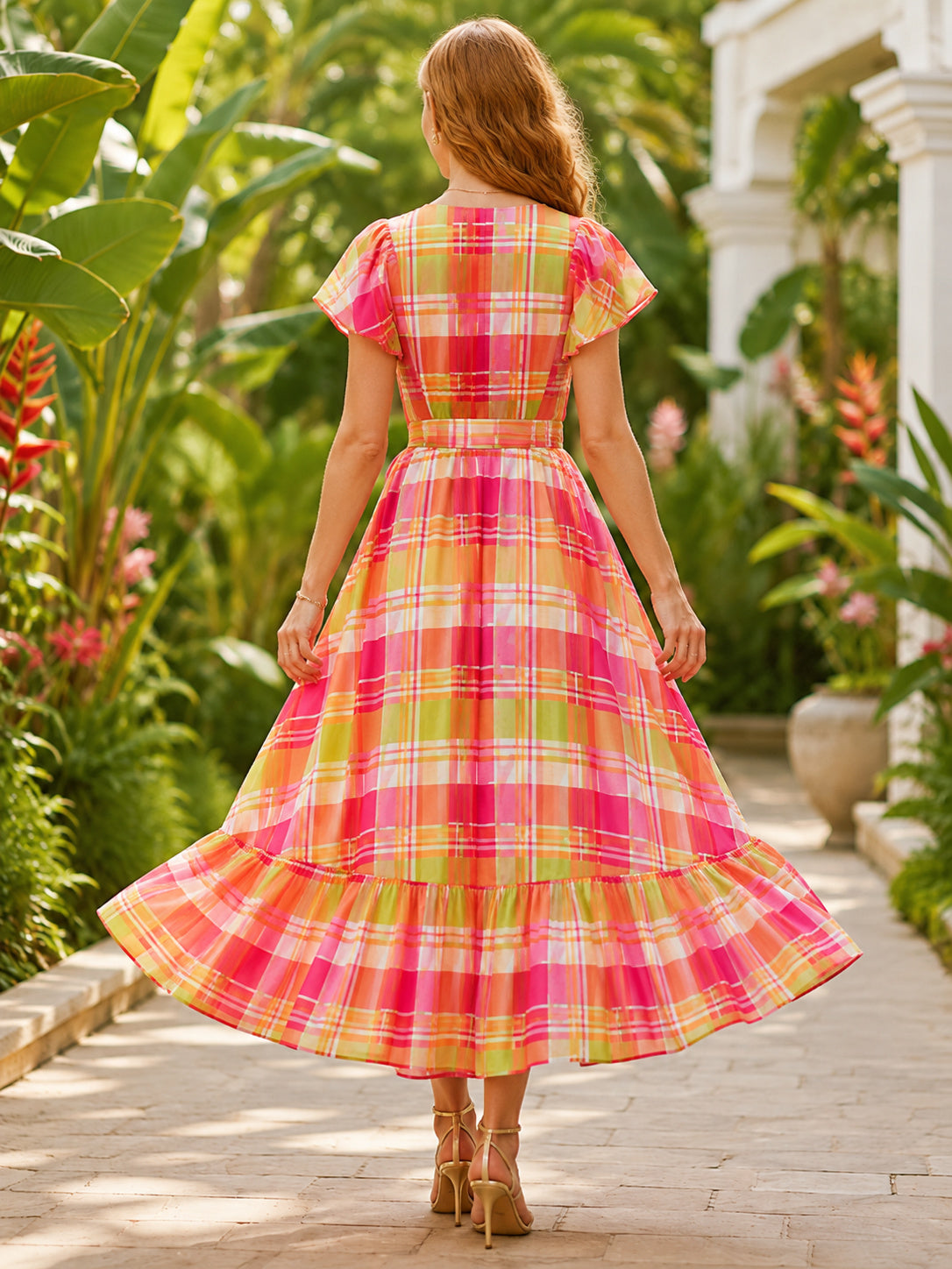 Vibrant Fuchsia Madras A Line Ankle Length V Neck Short Sleeve Ruffle Dress back view