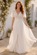 Ivory Flutter Sleeve V-Neck Chiffon A-Line Wedding Dress for Wedding Ceremony and Reception front view