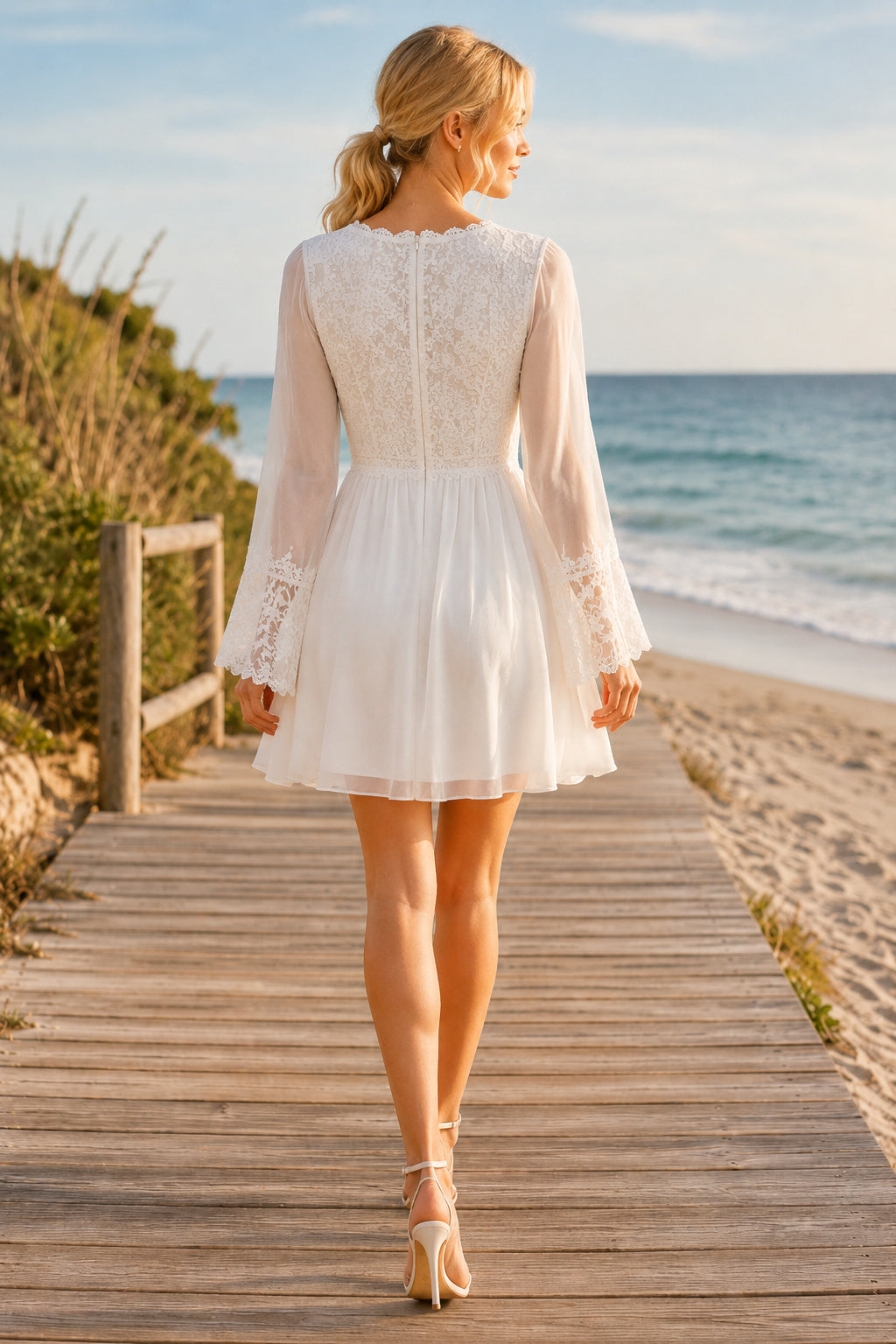 Ivory Long Sleeve V-Neck Mini Wedding Dress with Lace Bodice and Chiffon Skirt for Beach Reception back view