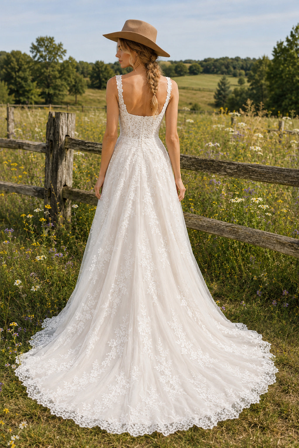 Square Neck Strap A-Line Wedding Dress with Allover Lace and Sweep Train for Rustic Garden Ceremony back view
