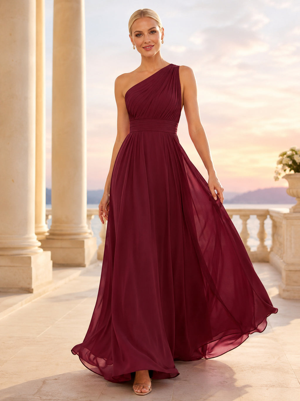 Burgundy Chiffon One Shoulder A-Line Evening Dress front view