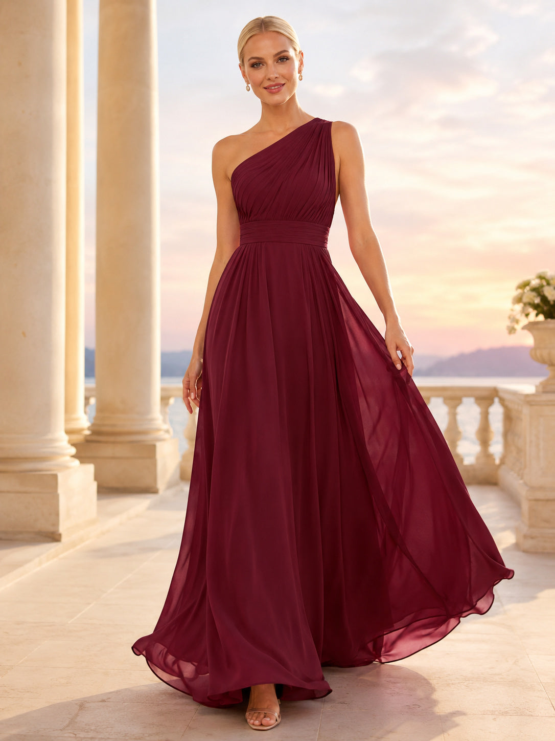 Burgundy Chiffon One Shoulder A-Line Evening Dress front view