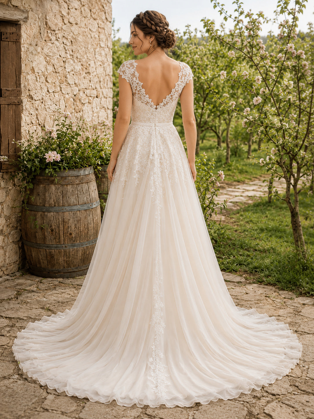 Country Chiffon Wedding Dress A-Line V-Neck Cap Sleeve Floor Length Low V Back Bridal Gown back view