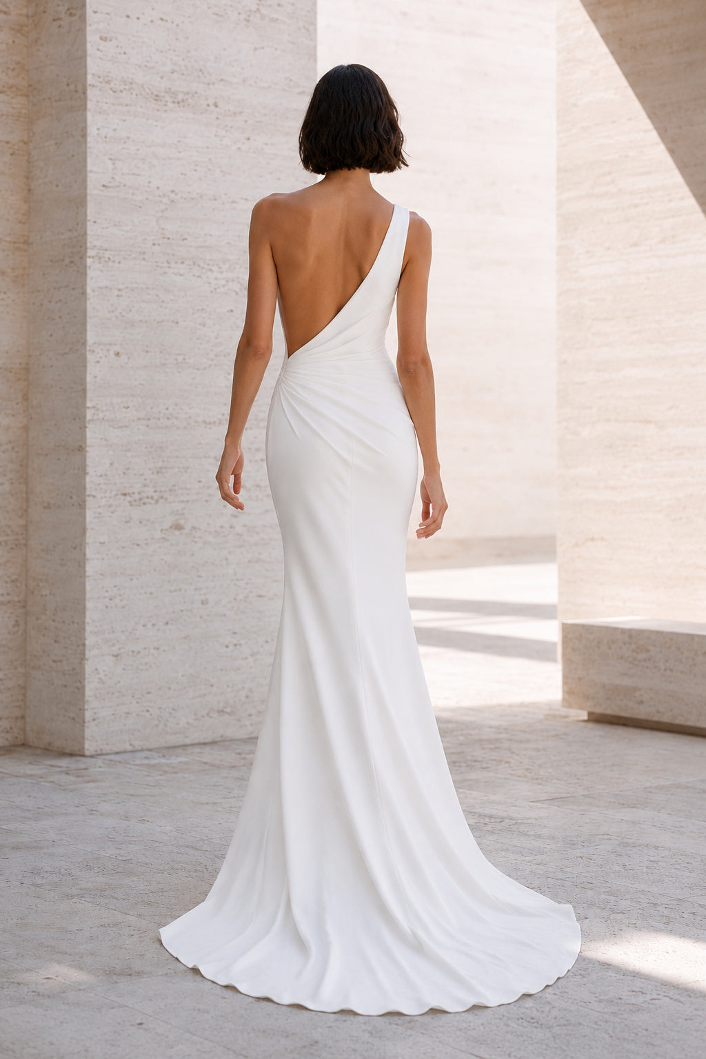 White One-Shoulder Satin Sheath Wedding Dress with Open Back back view