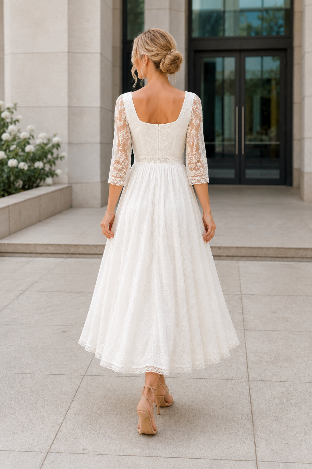 Ivory Bateau Neck Three Quarter Sleeve Tea-Length A-Line Wedding Guest Dress back view