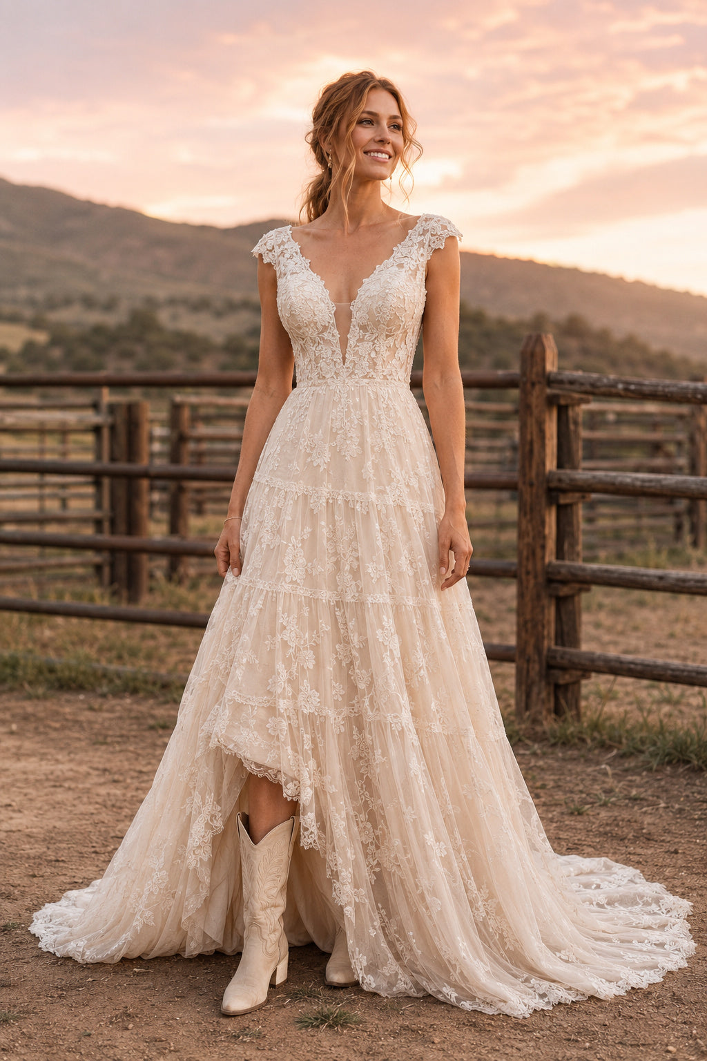 Ivory V-Neck Lace A-Line Wedding Dress with Straps, Layered Skirt, and Sweep Train front view