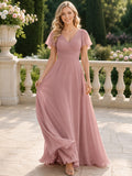 Dusty Rose V-Neck Chiffon Petite A-Line Dress front view