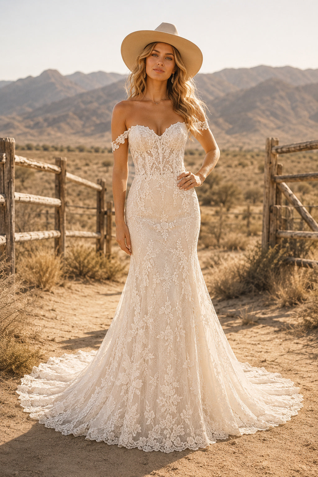 Ivory Off-the-Shoulder Lace Mermaid Wedding Dress with Short Sleeves and Scalloped Train front view