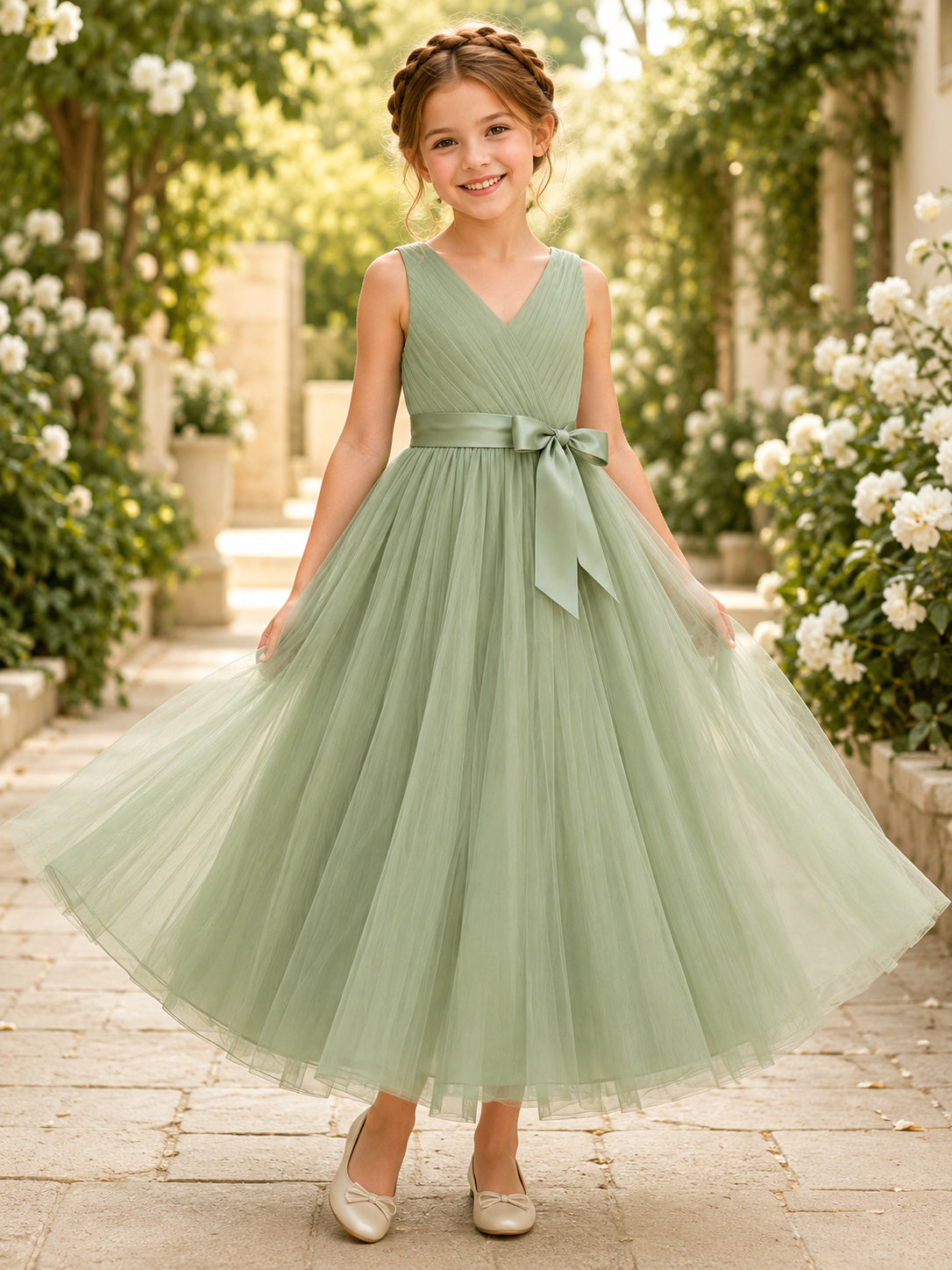 Sage Chiffon A-Line Flower Girl Dress with Satin Sash and Square Neck front view
