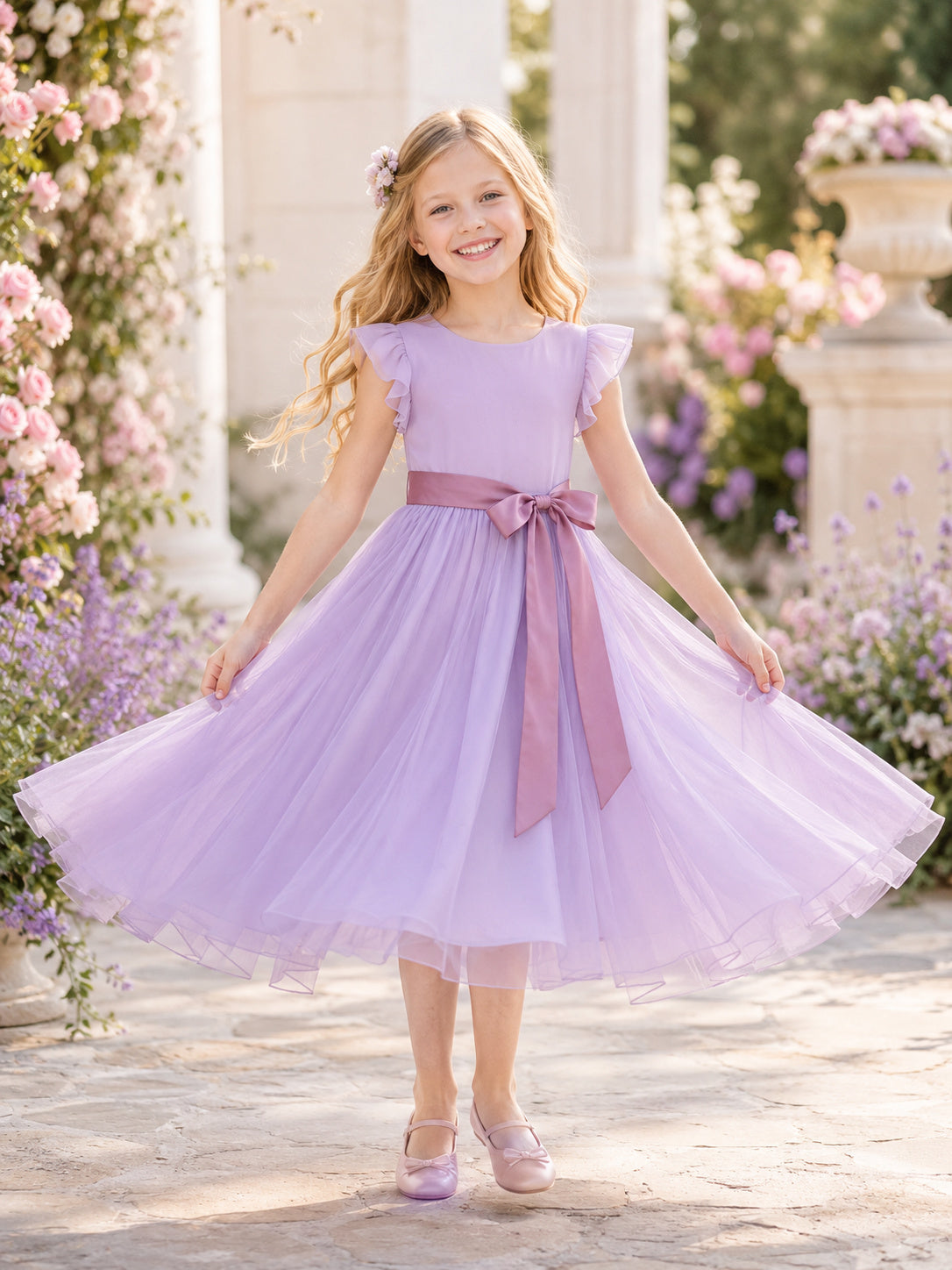 Flower Girl Dress Lavender Tulle A-Line Sleeveless Jewel Neck Tea Length Bow Back front view