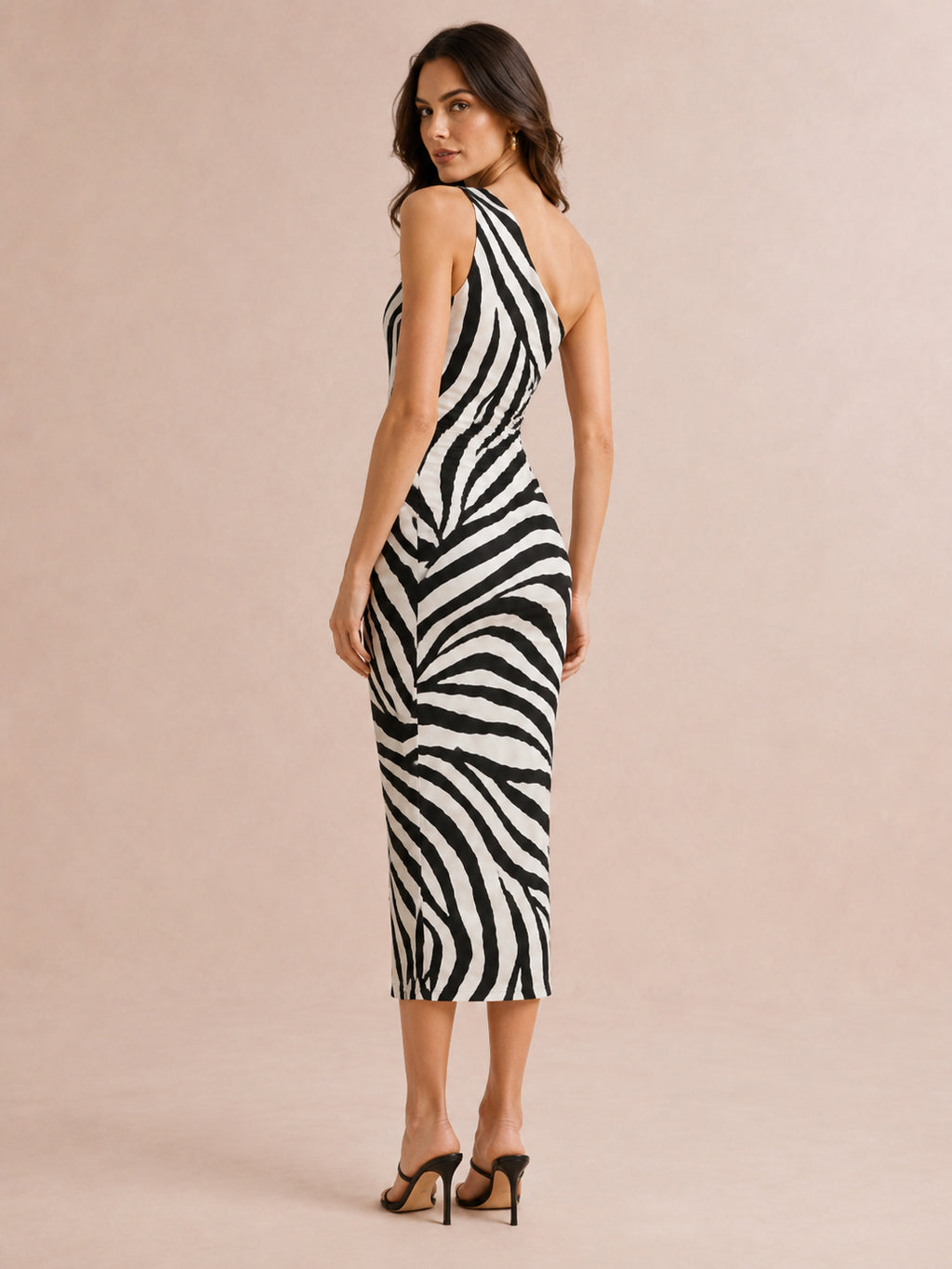 Black Zebra One Shoulder Bodycon Midi Statement Cocktail Dress back view