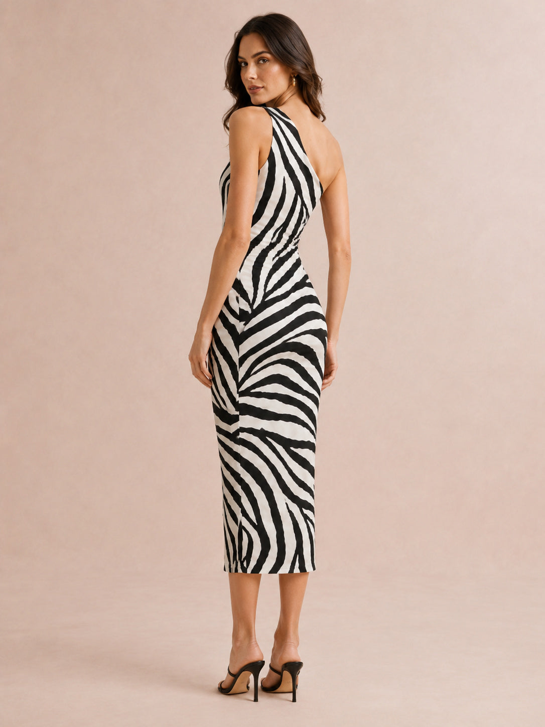 Black Zebra One Shoulder Bodycon Midi Statement Cocktail Dress back view