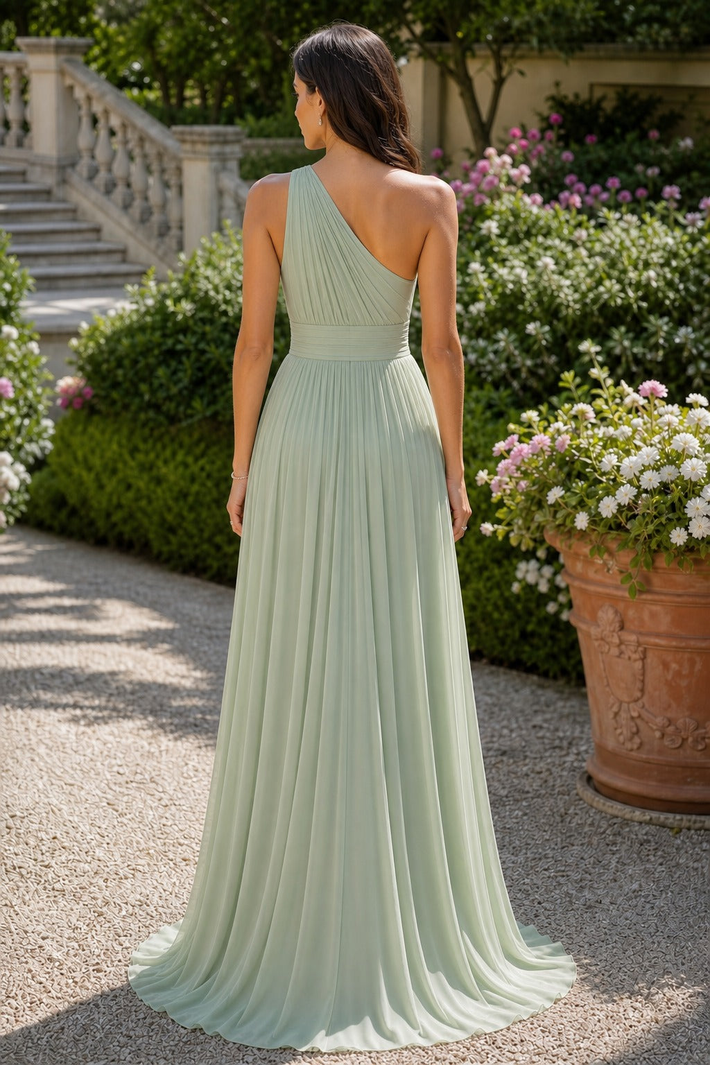 Sage One-Shoulder Floor-Length Chiffon A-Line Dress
