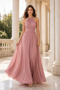 Dusty Rose Halter Chiffon A-Line Bridesmaid Dress with Pleated Bodice and Flowing Skirt front view
