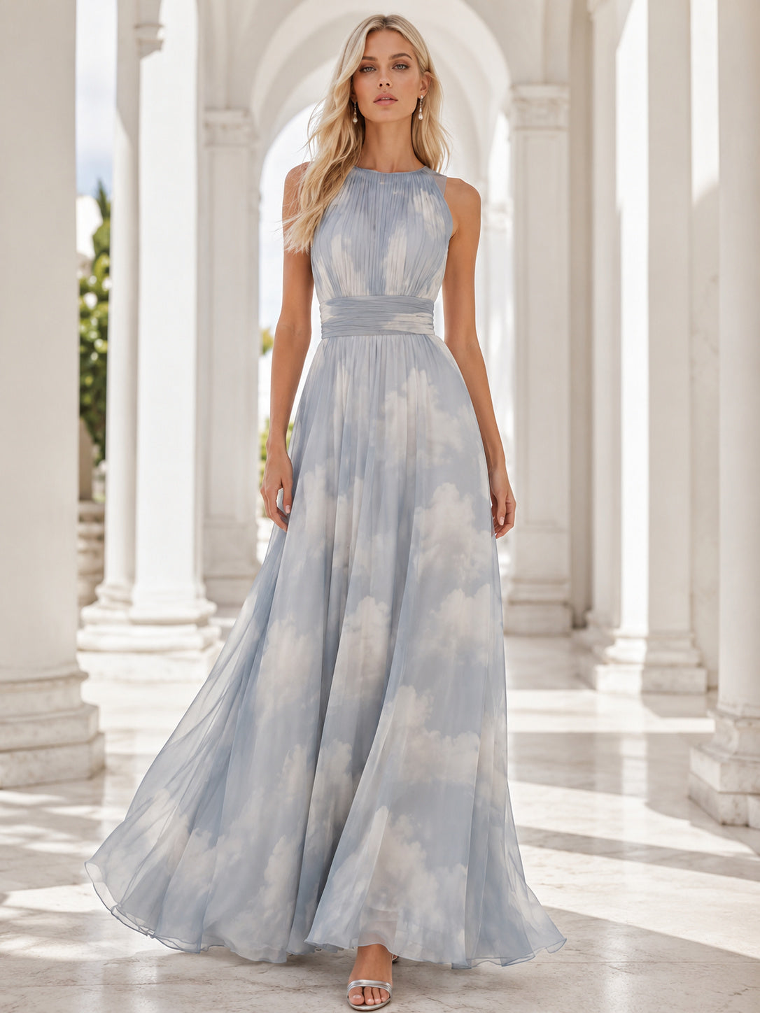 Grey Cloud Print Halter Chiffon Evening Maxi Dress front view