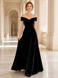 Black Velvet Off Shoulder A-Line Evening Dress front view