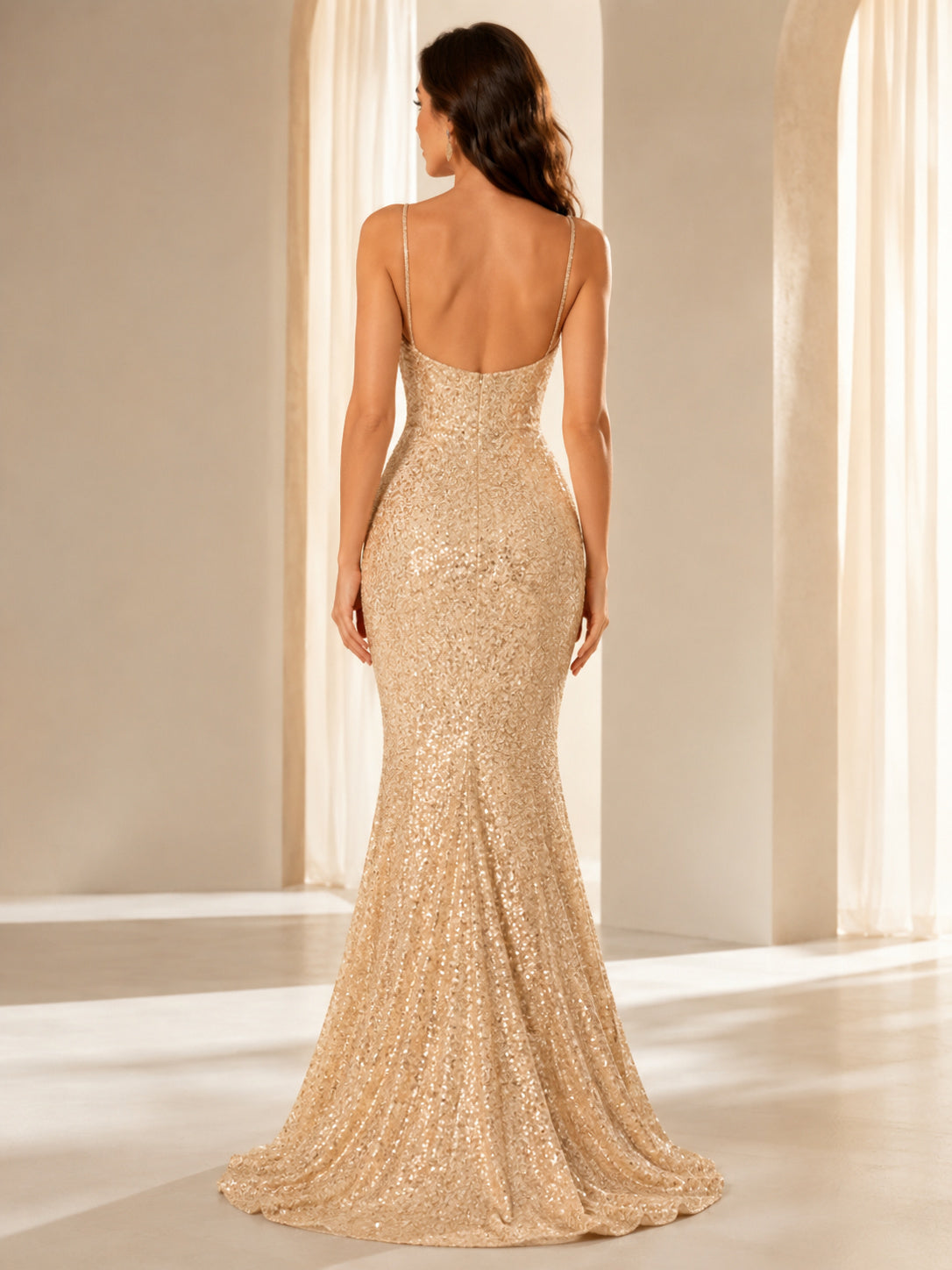 Champagne Spaghetti Beaded Mermaid Low Back Evening Gown back view