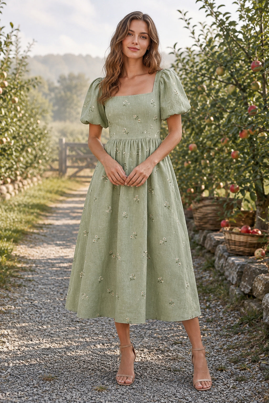 Sage Square Neck Puff Sleeve Dress with Light Floral Embroidery Tea Length A-Line Bridesmaid Dress front view