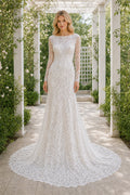 White V-neck Flutter Sleeves A-Line Satin Floor-length Wedding Dress With Pleated Skirt and Layered Skirt and Open Back