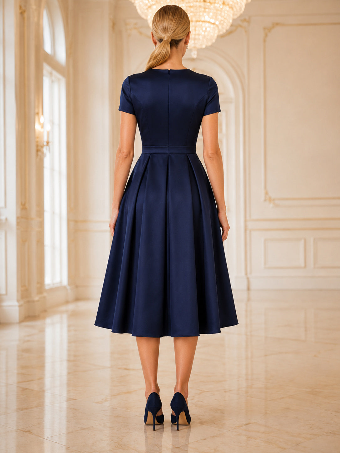 Dark Navy Short Sleeve Bateau A Line Ballroom Midi Dress back view
