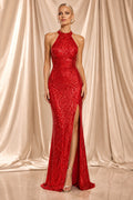 Red Halter Sequin Sheath Prom Dress with Front Slit front view