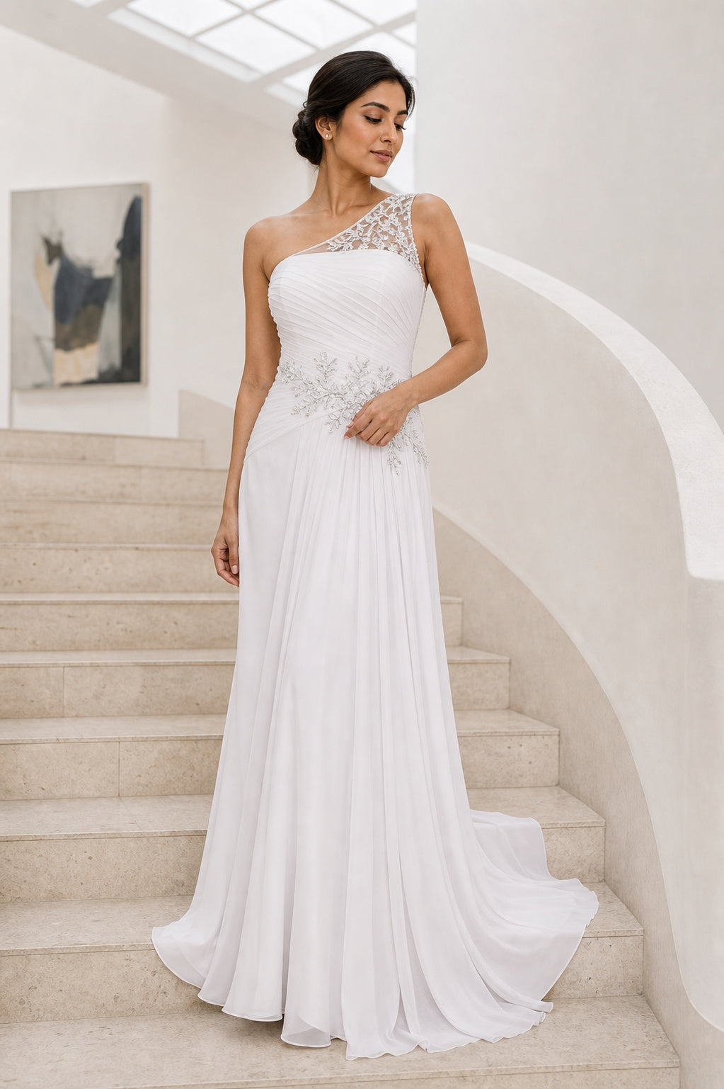 White One-Shoulder A-Line Chiffon Floor-Length Dress With Sequined Lace Bodice