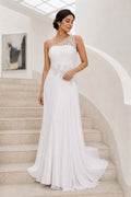 White One-Shoulder A-Line Chiffon Floor-Length Dress With Sequined Lace Bodice