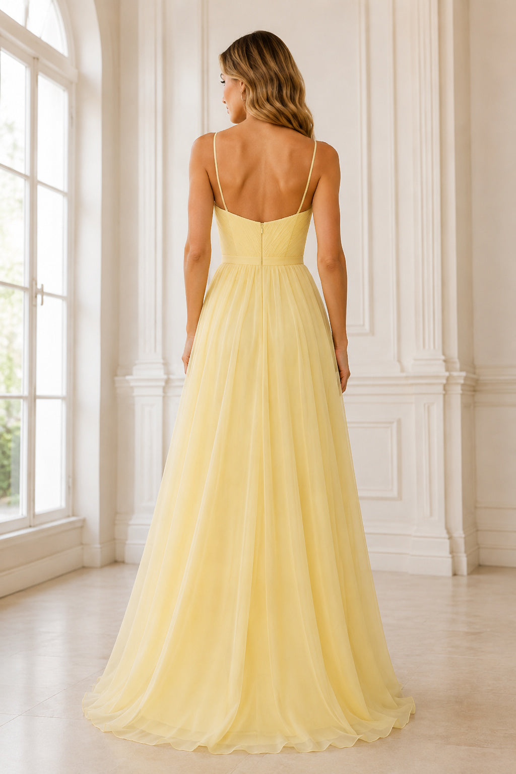Evening Gown Daffodil Tulle A-Line Sweetheart Sleeveless Floor Length back view