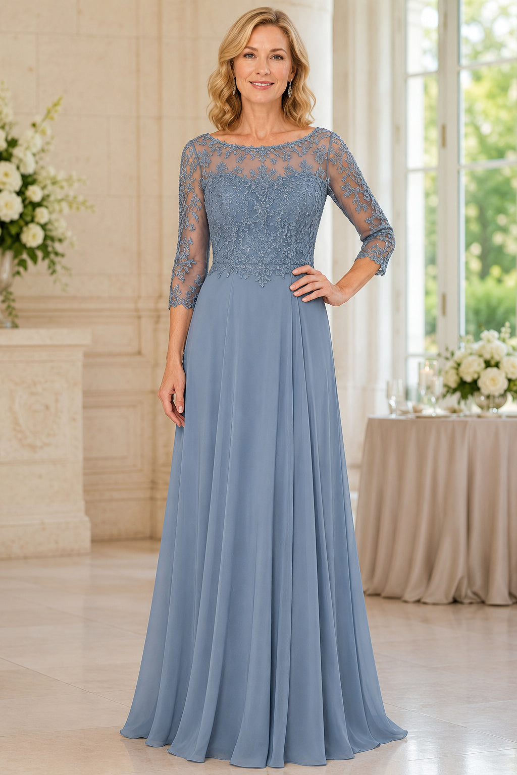 Steel Blue Chiffon A-Line Mother Dress with Lace Illusion Three Quarter Sleeves front view