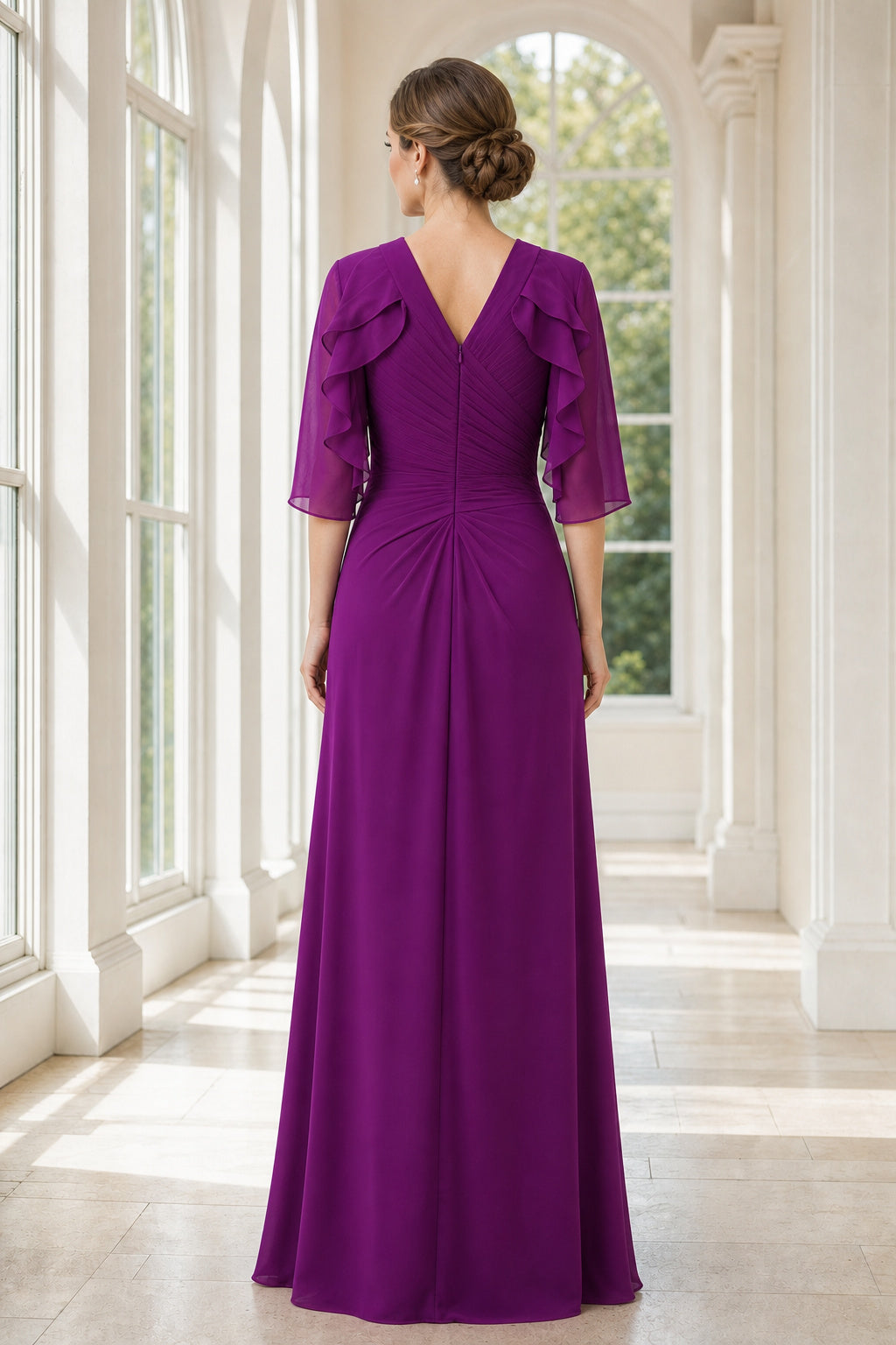 Purple V-neck Three-Quarter Sleeve Sheath Chiffon Floor-Length Dress With Ruffle Front