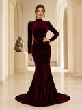 Burgundy High Neck Long Sleeve Velvet Mermaid Court Guest Dress front view