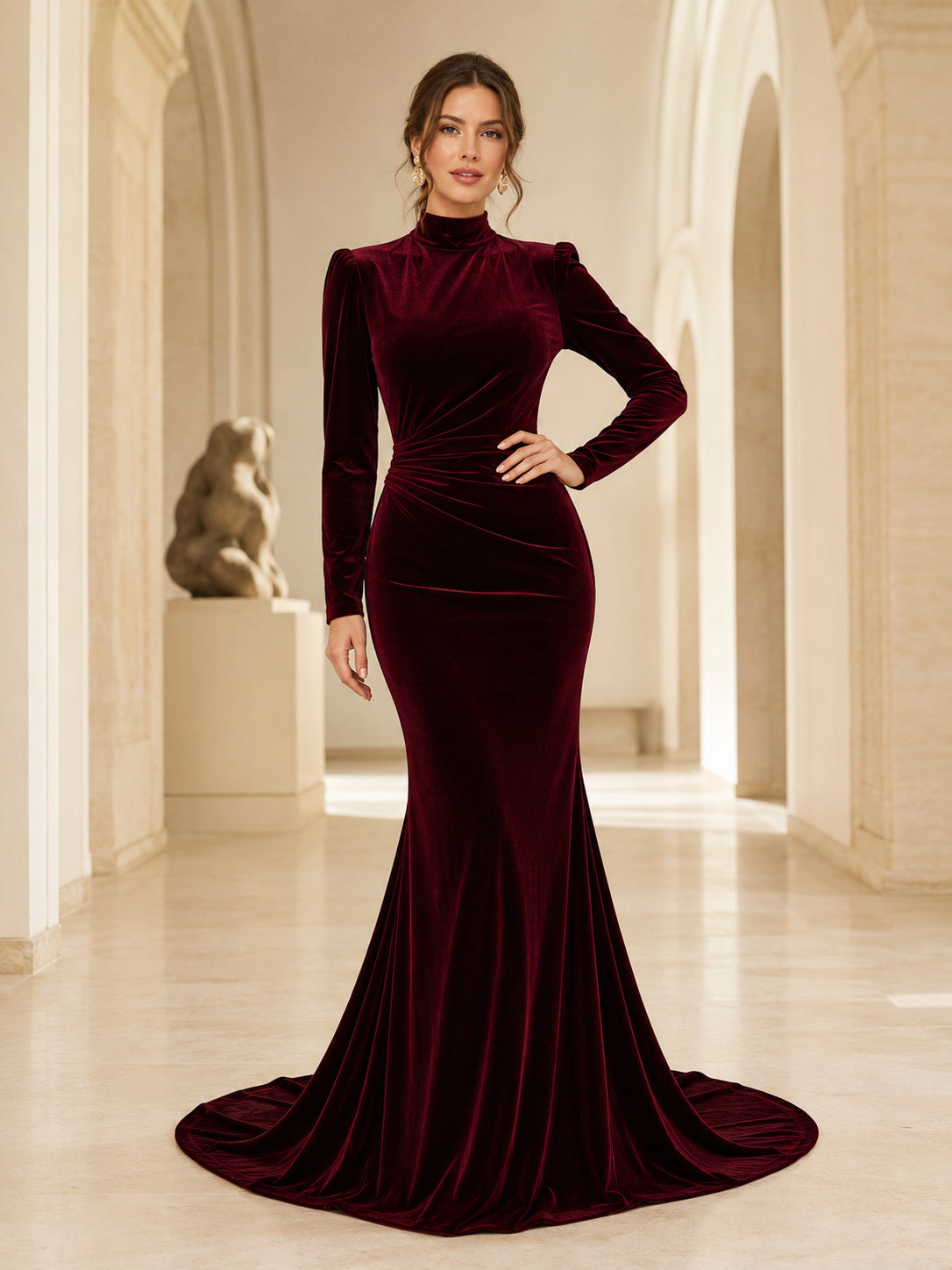 Burgundy High Neck Long Sleeve Velvet Mermaid Court Guest Dress front view