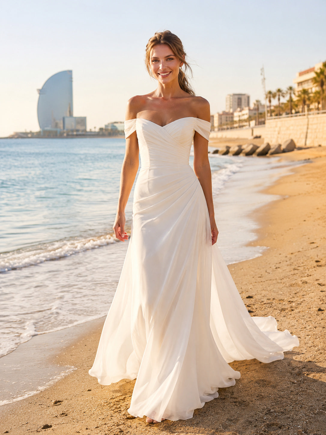 Romantic Off Shoulder Chiffon A-Line Beach Sweep Train Destination Wedding Dress front view