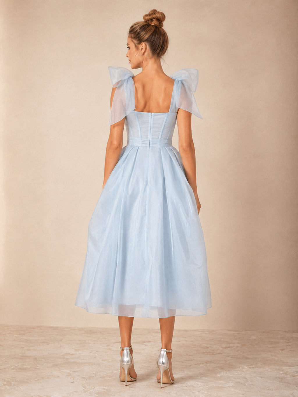 Sky Blue Square Corset Ruffle Organza A Line Guest Dress back view