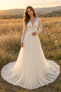 Long Sleeve V-Neck A-Line Wedding Dress with Lace Bodice and Full Tulle Train for Beach Garden Ceremony front view